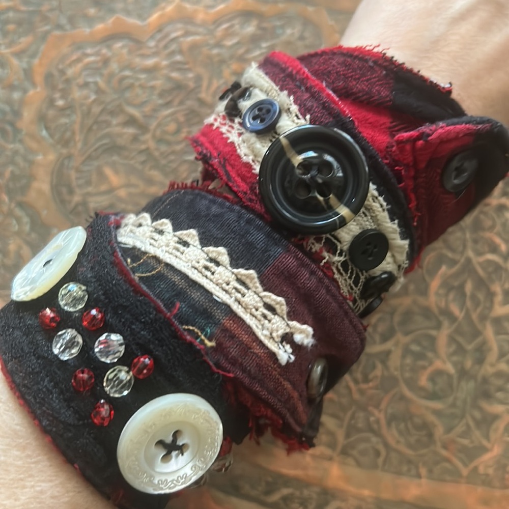 Handmade upcycled stackable beaded button lace flannel fabric wrap bracelets